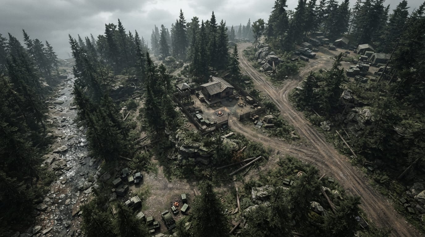 Dense mountain forest outpost