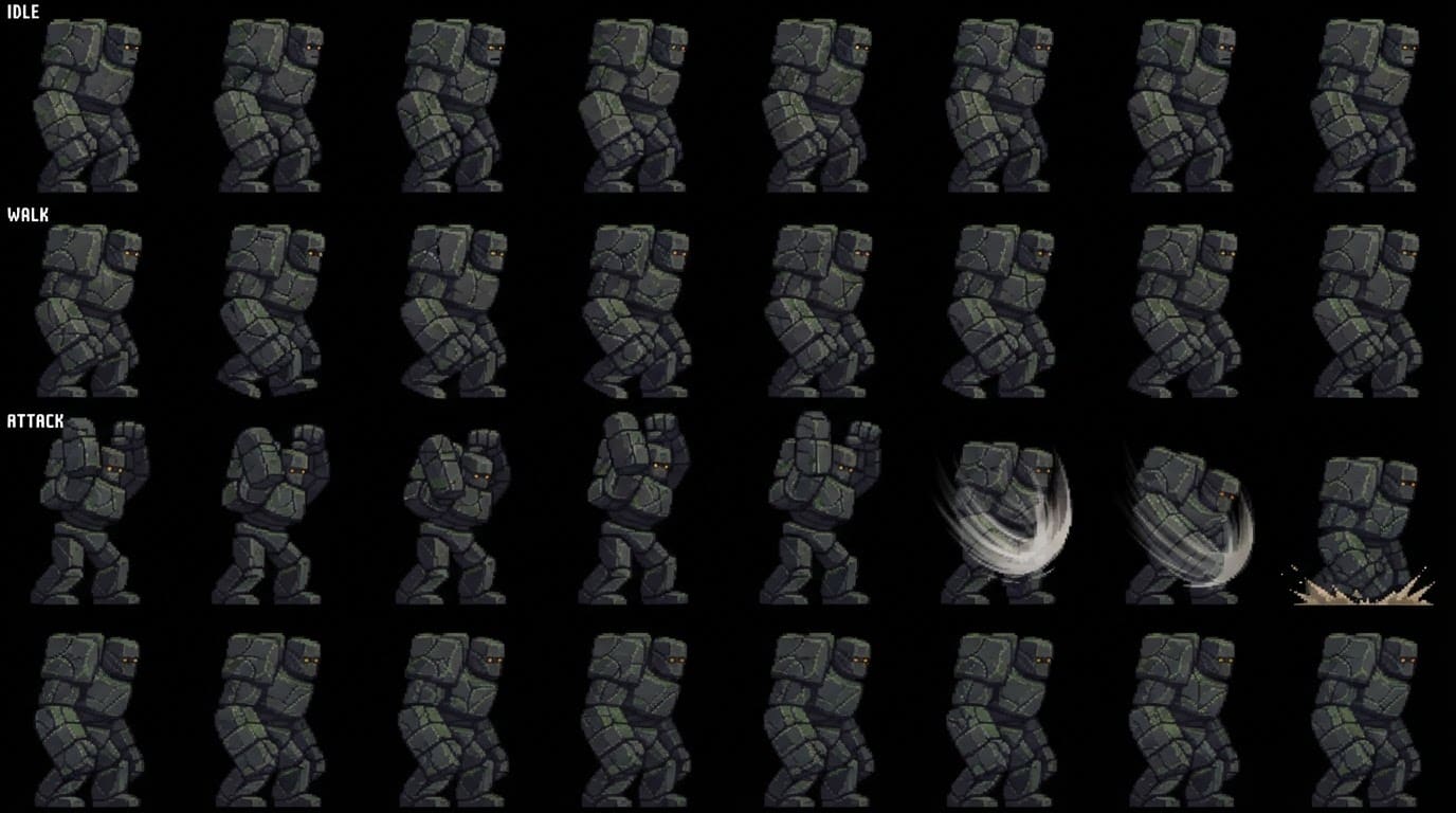 Stoney Golem 8x3 sheet: idle / walk / attack, 8 frames each