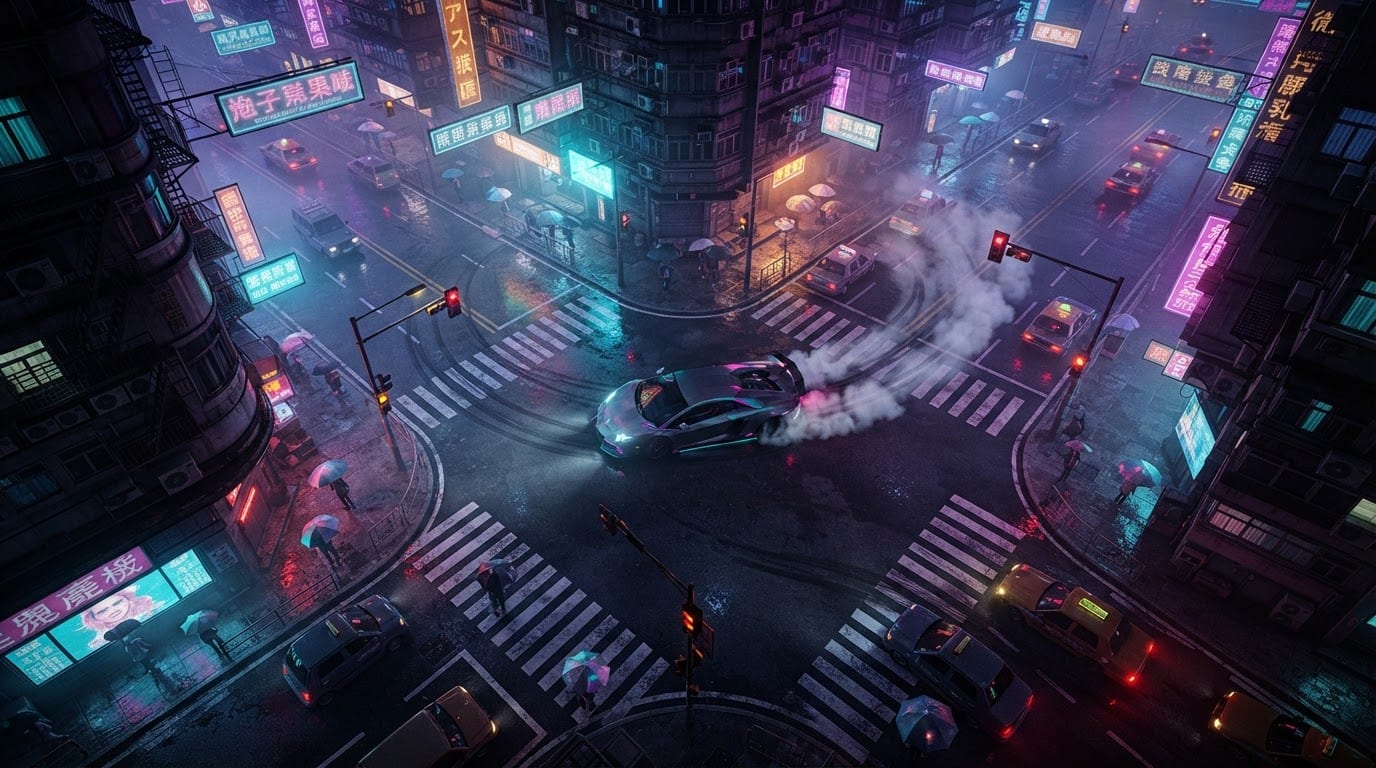 Drift through neon downtown streets