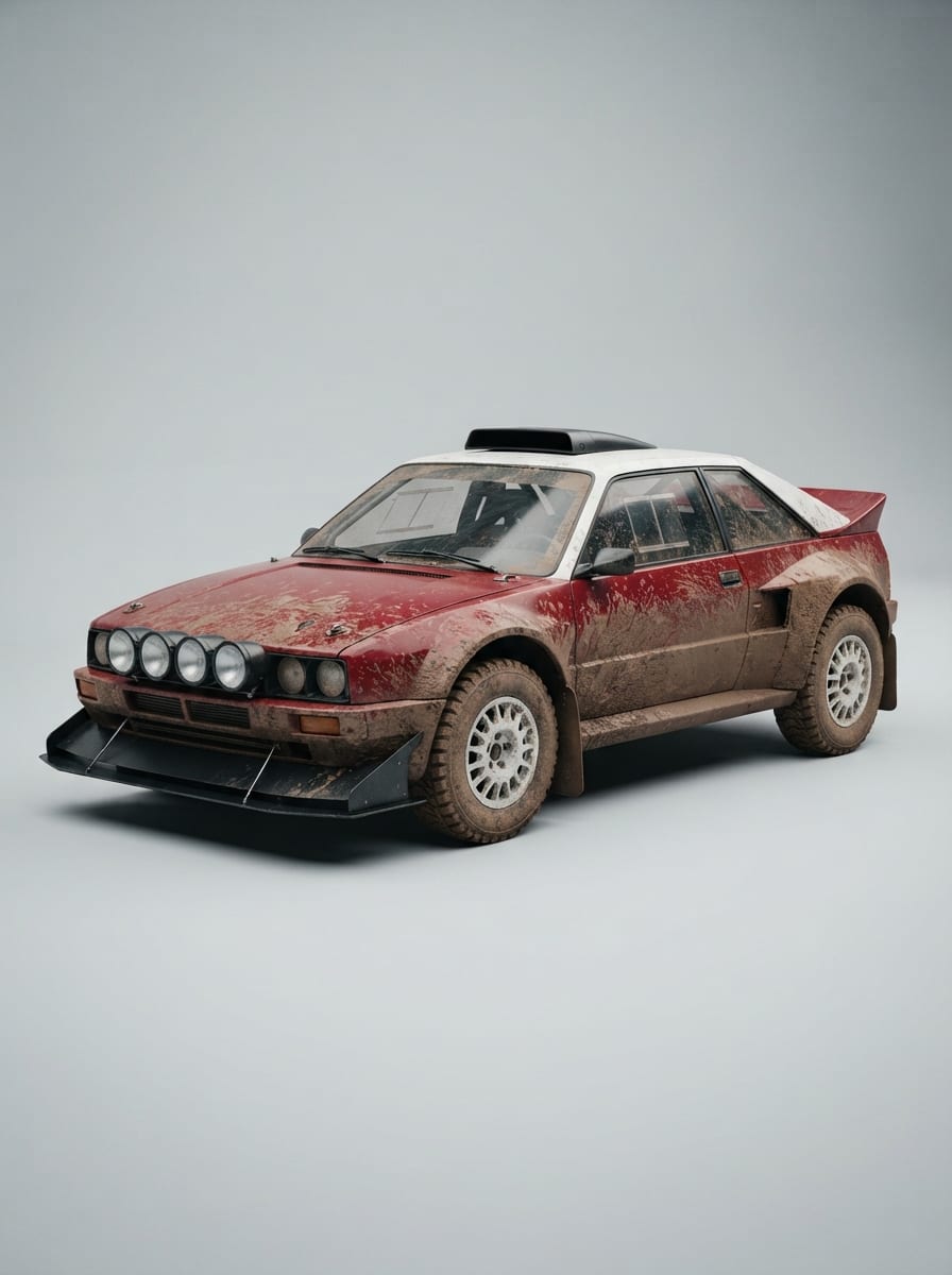 The mud-caked rally coupe