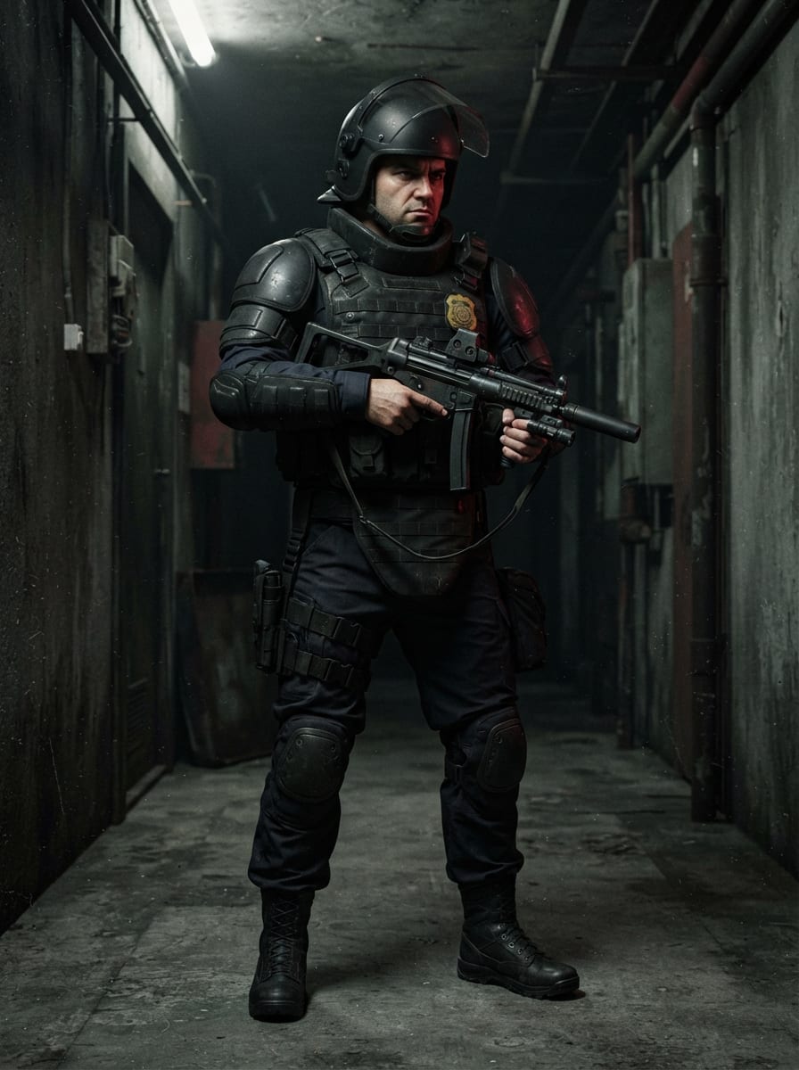 Armored riot police officer