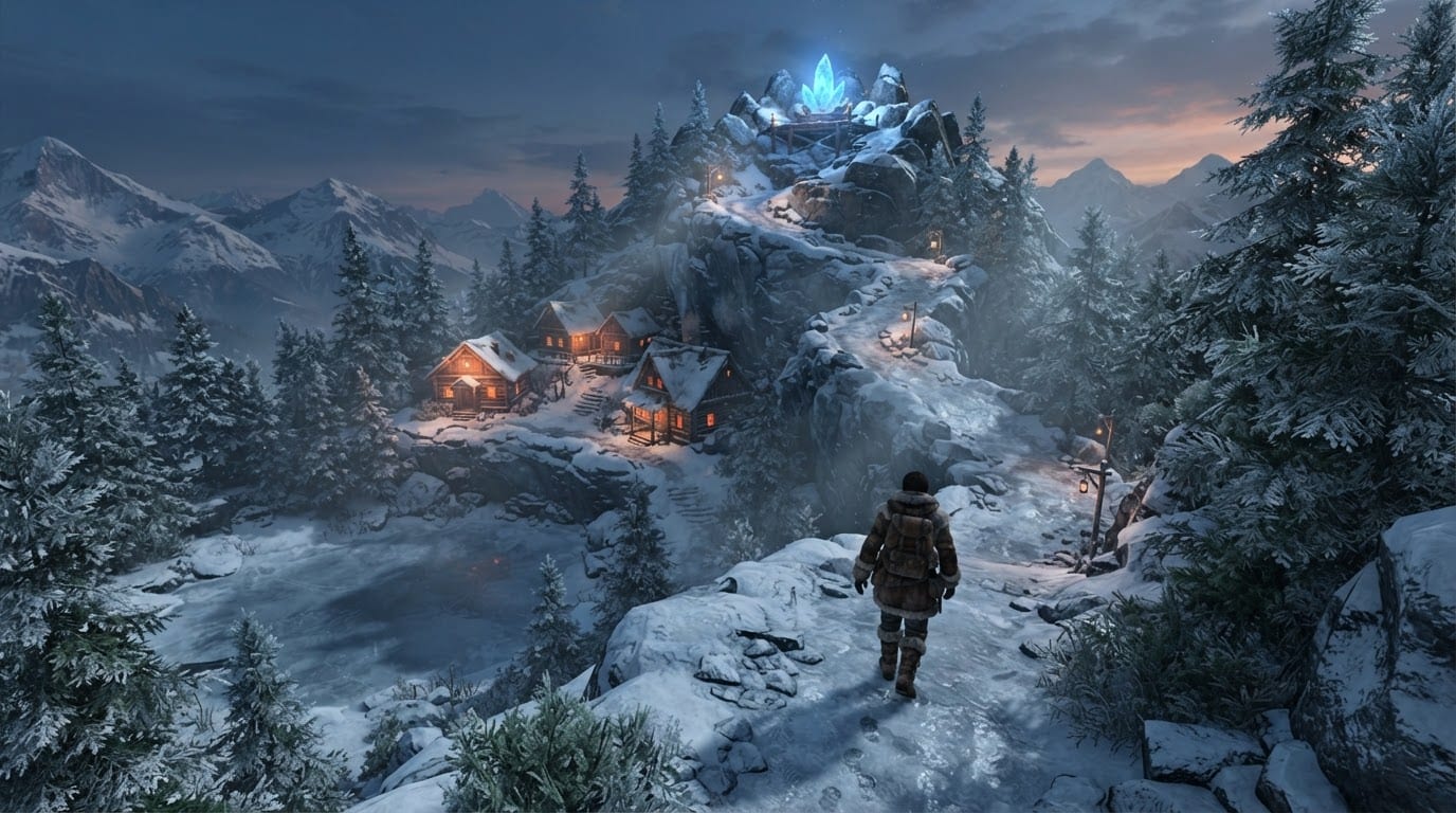 Snowy mountain peak village