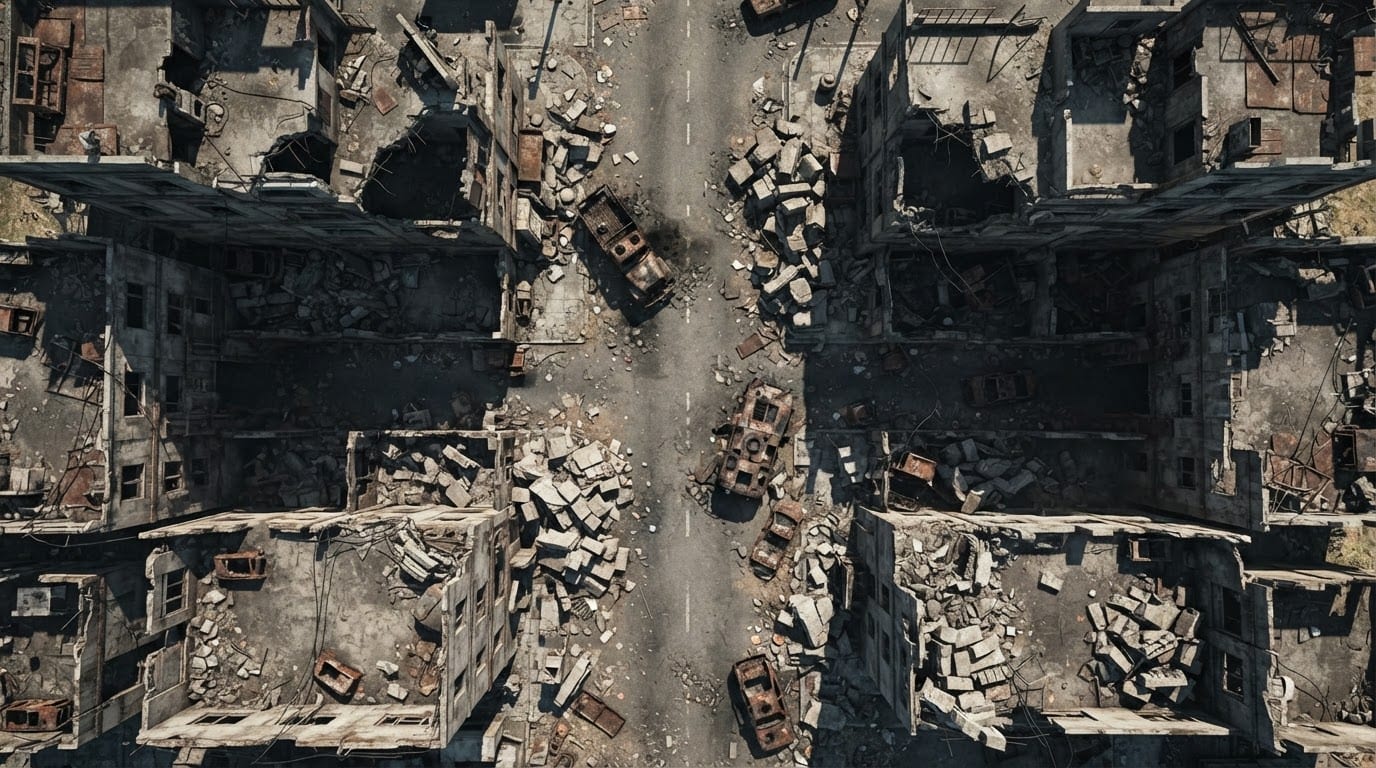 Bombed urban street block
