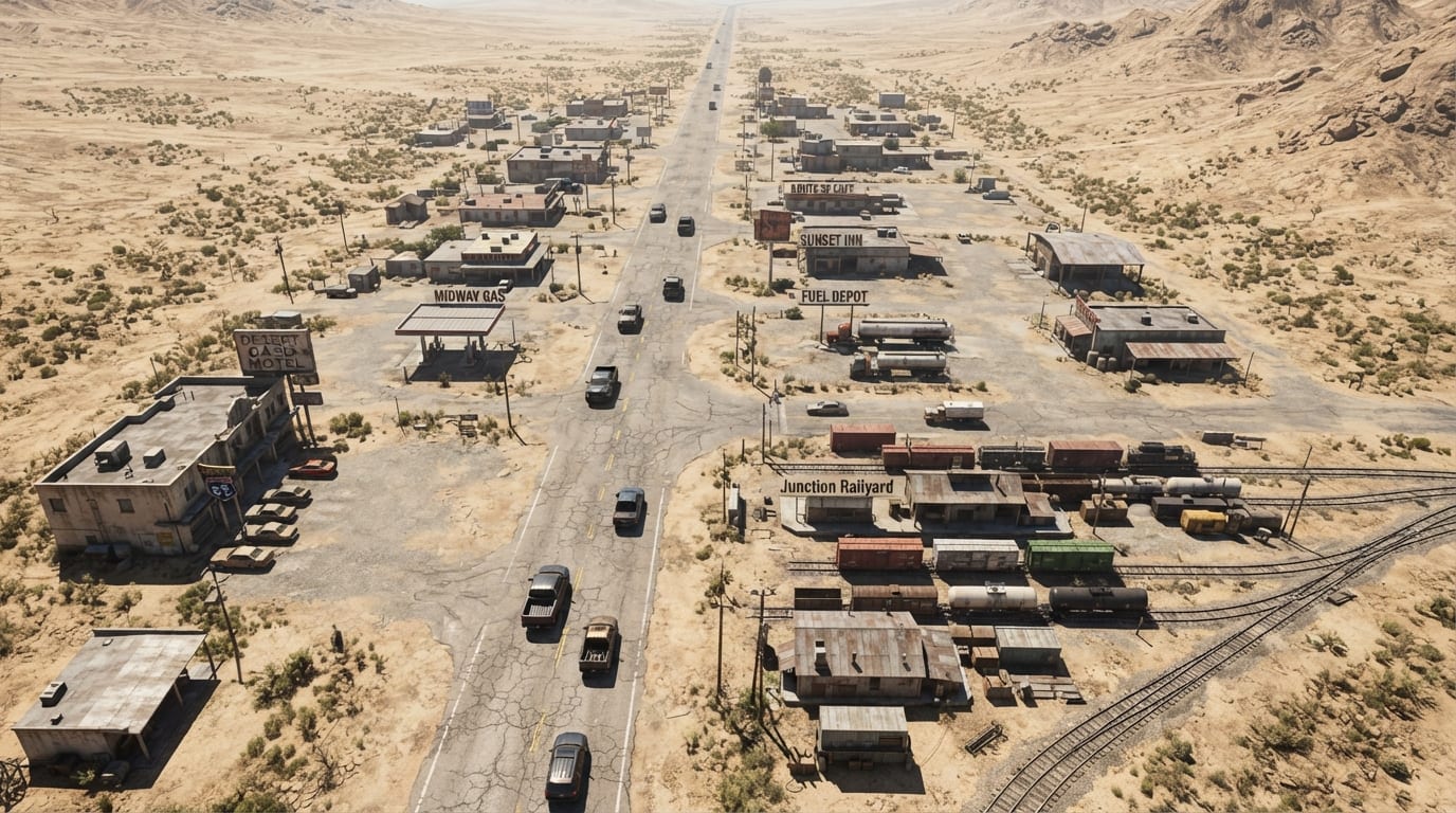 A sprawling desert highway town