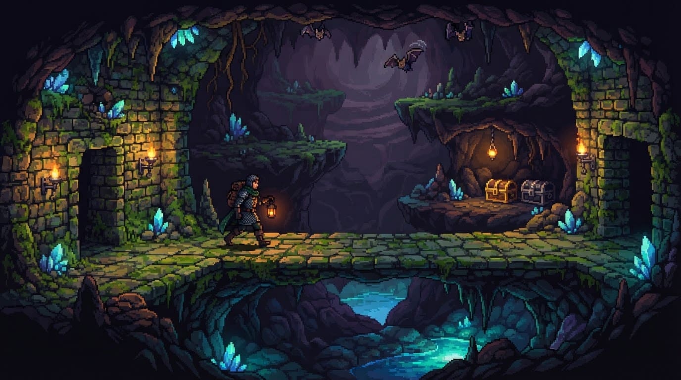 Delve into a mossy dungeon cave