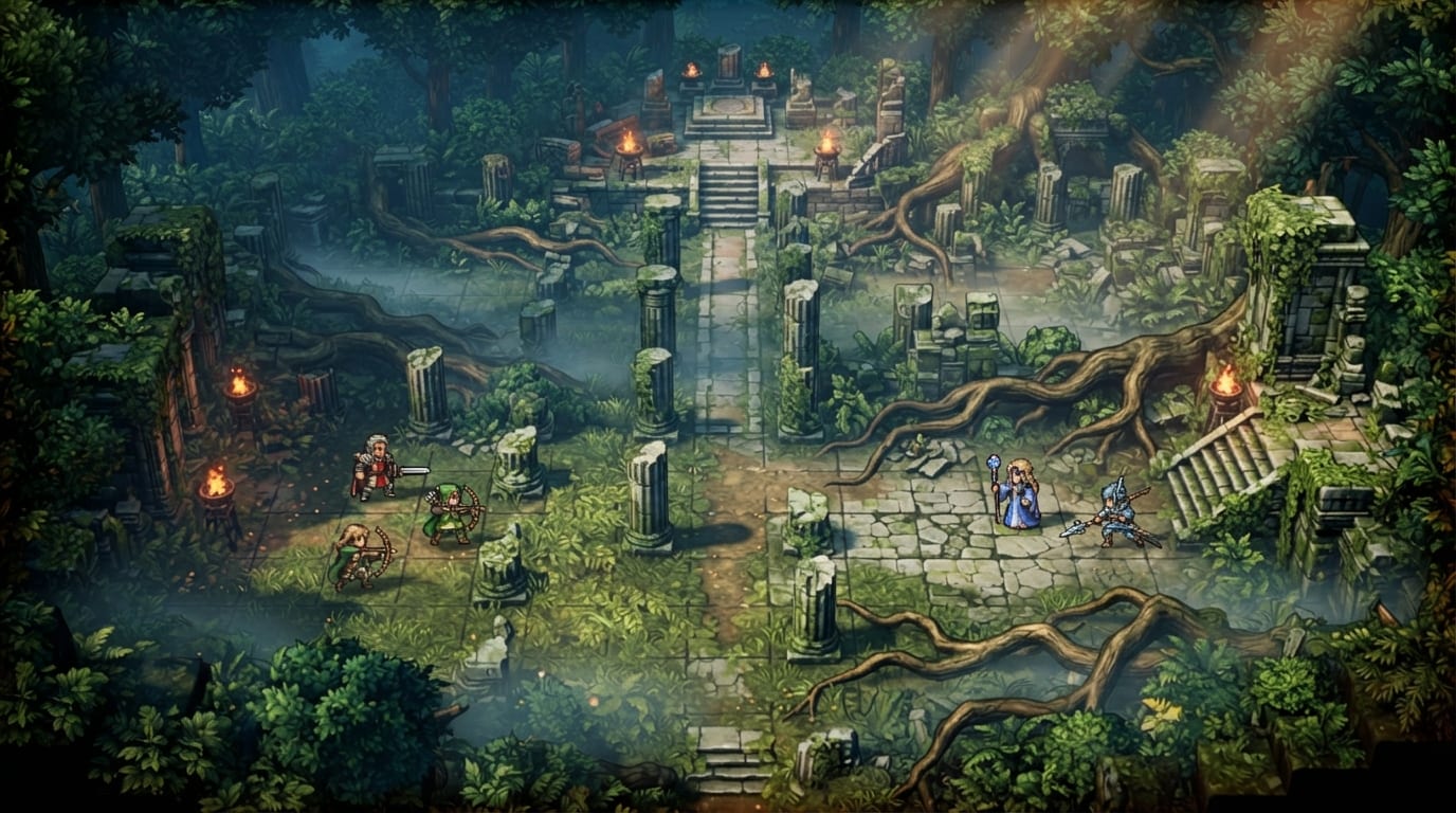 Fog-wrapped forest temple ruins