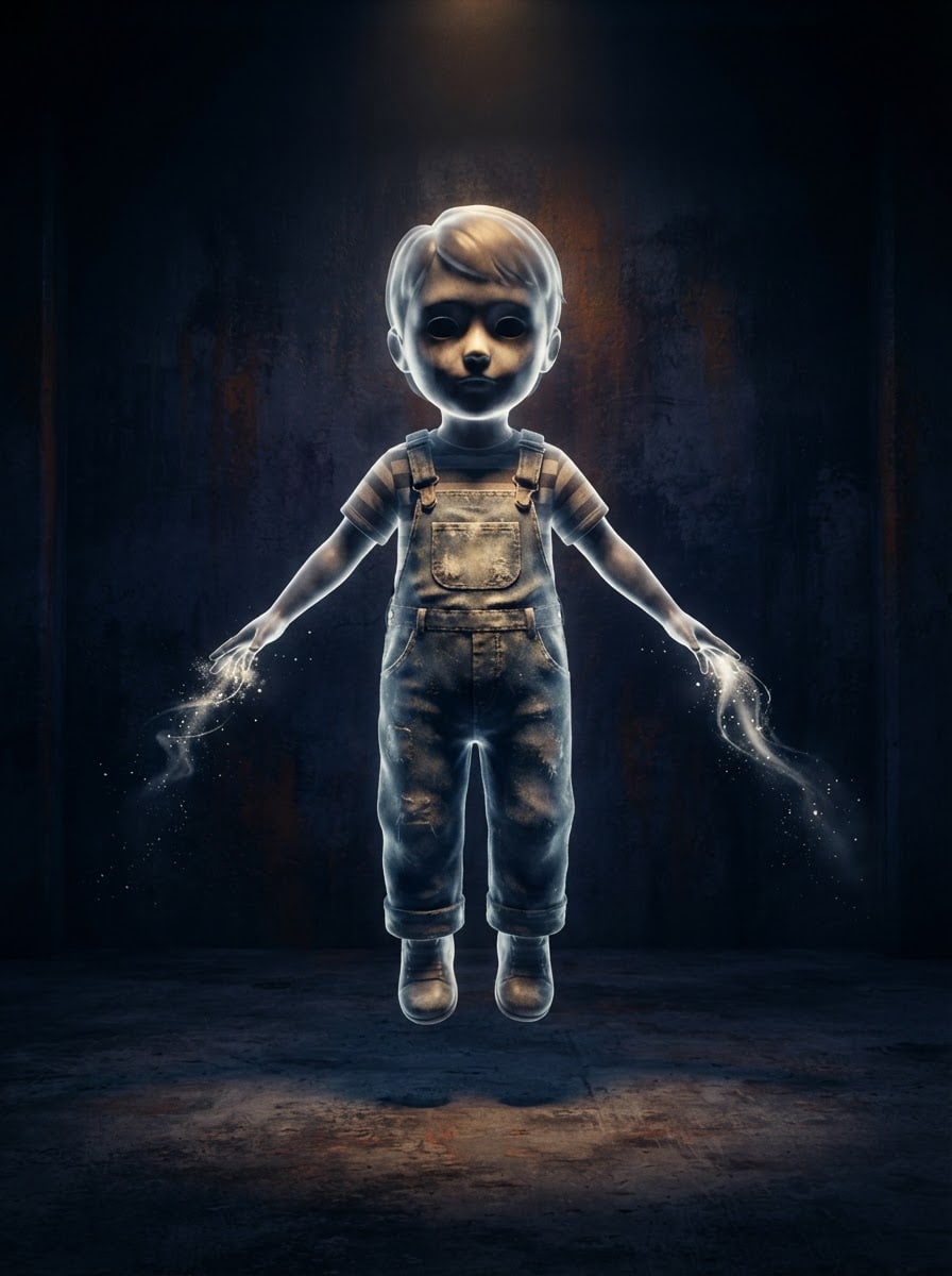 A child ghost in overalls