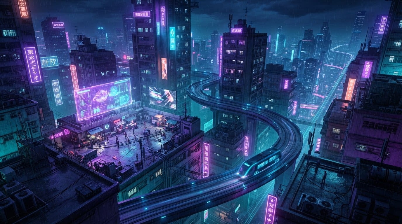 Cyberpunk neon megacity grid
