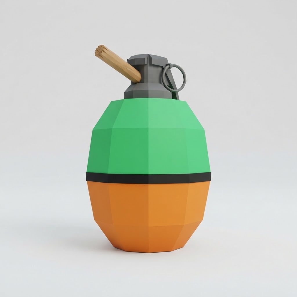 Low poly cartoonish grenade, shaped like