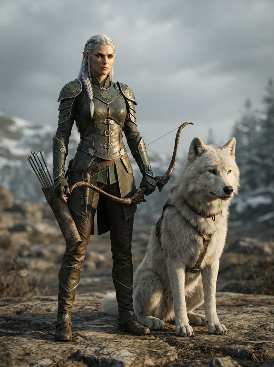 Elven ranger and wolf companion