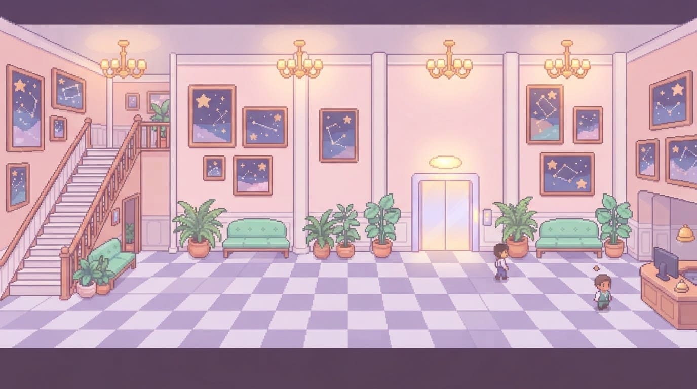 Pastel hotel lobby hub