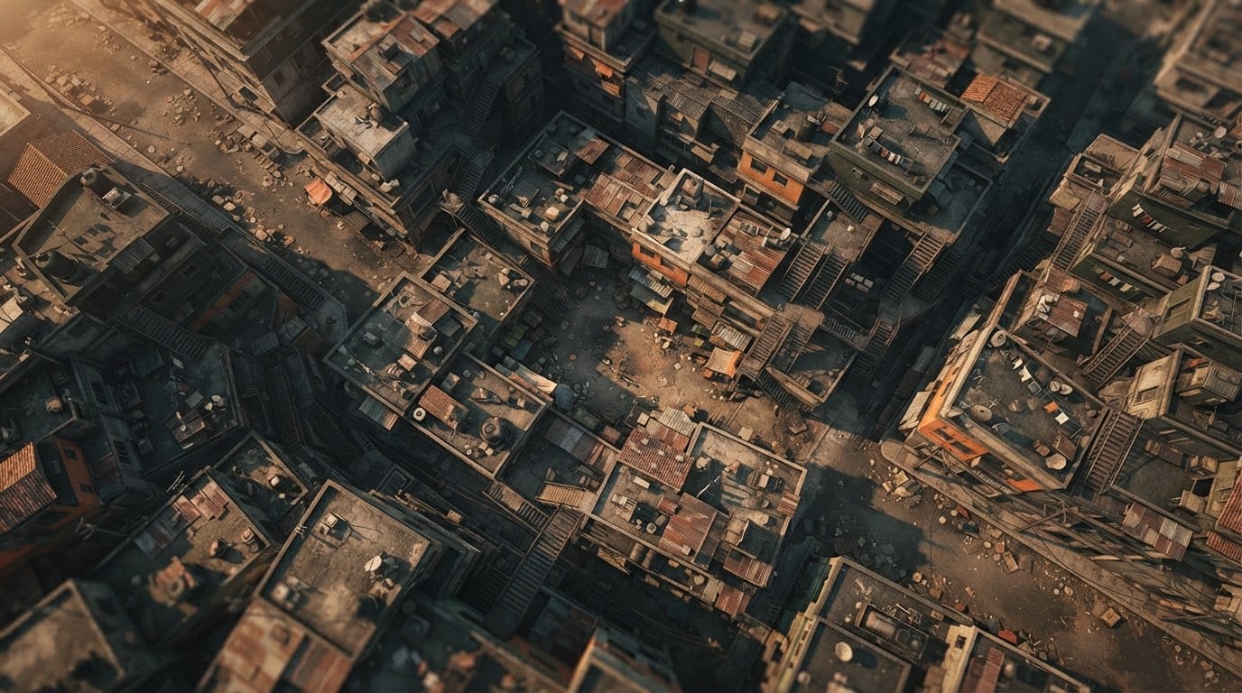 Favela urbana ao entardecer