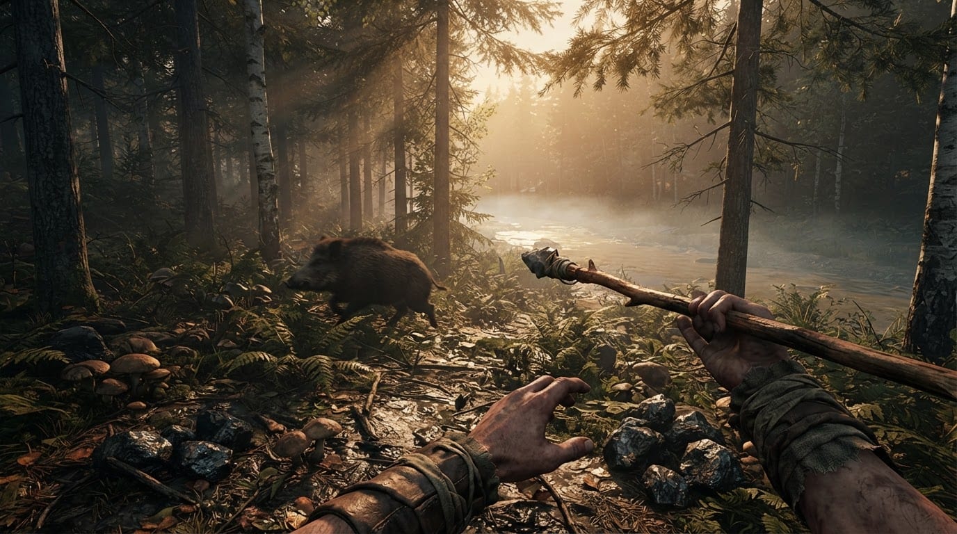 Hunt wildlife and gather raw resources