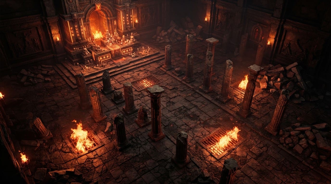 Burning ancient temple ruin