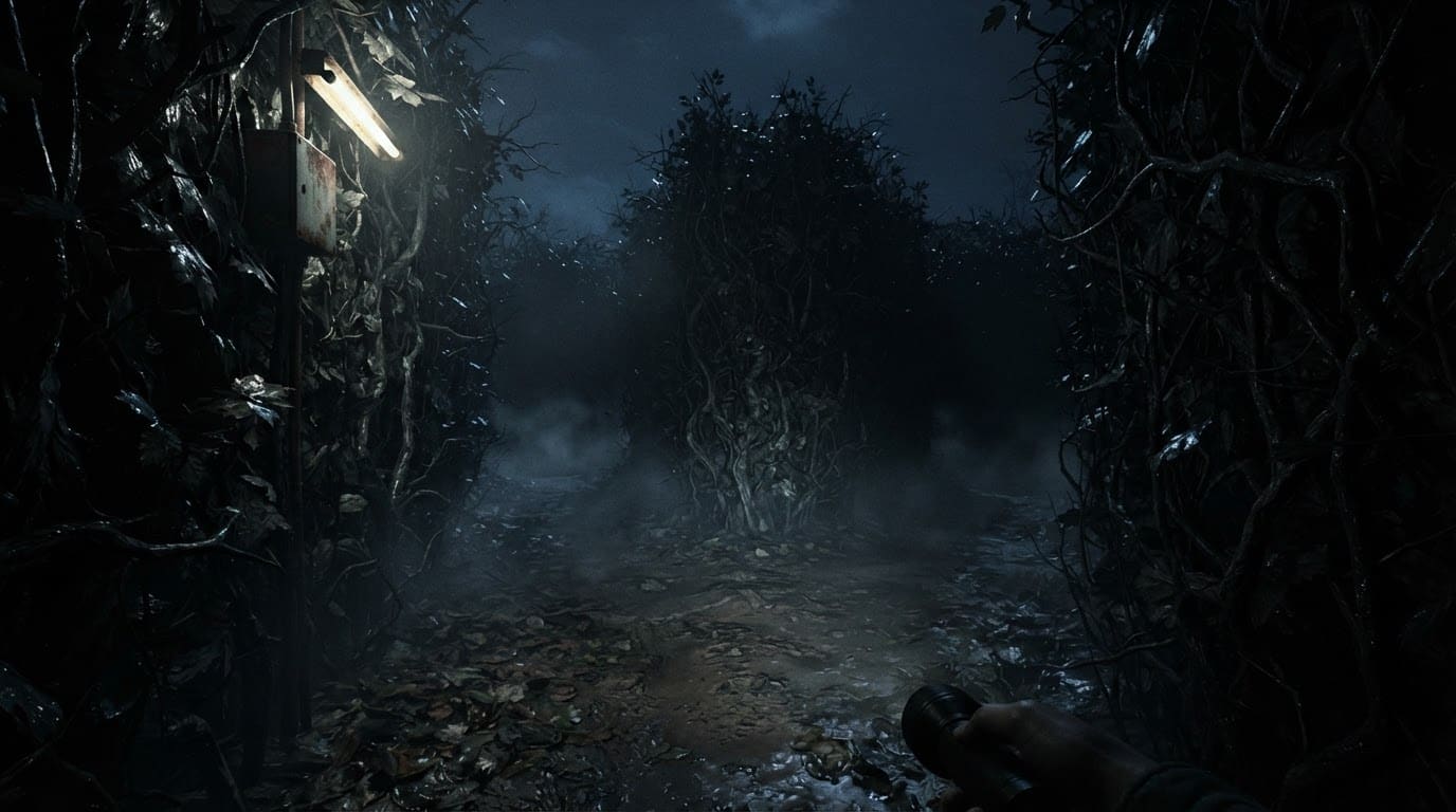 Overgrown hedge maze at night