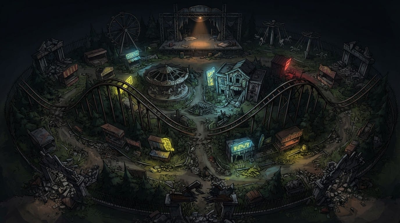 Crumbling theme park at midnight