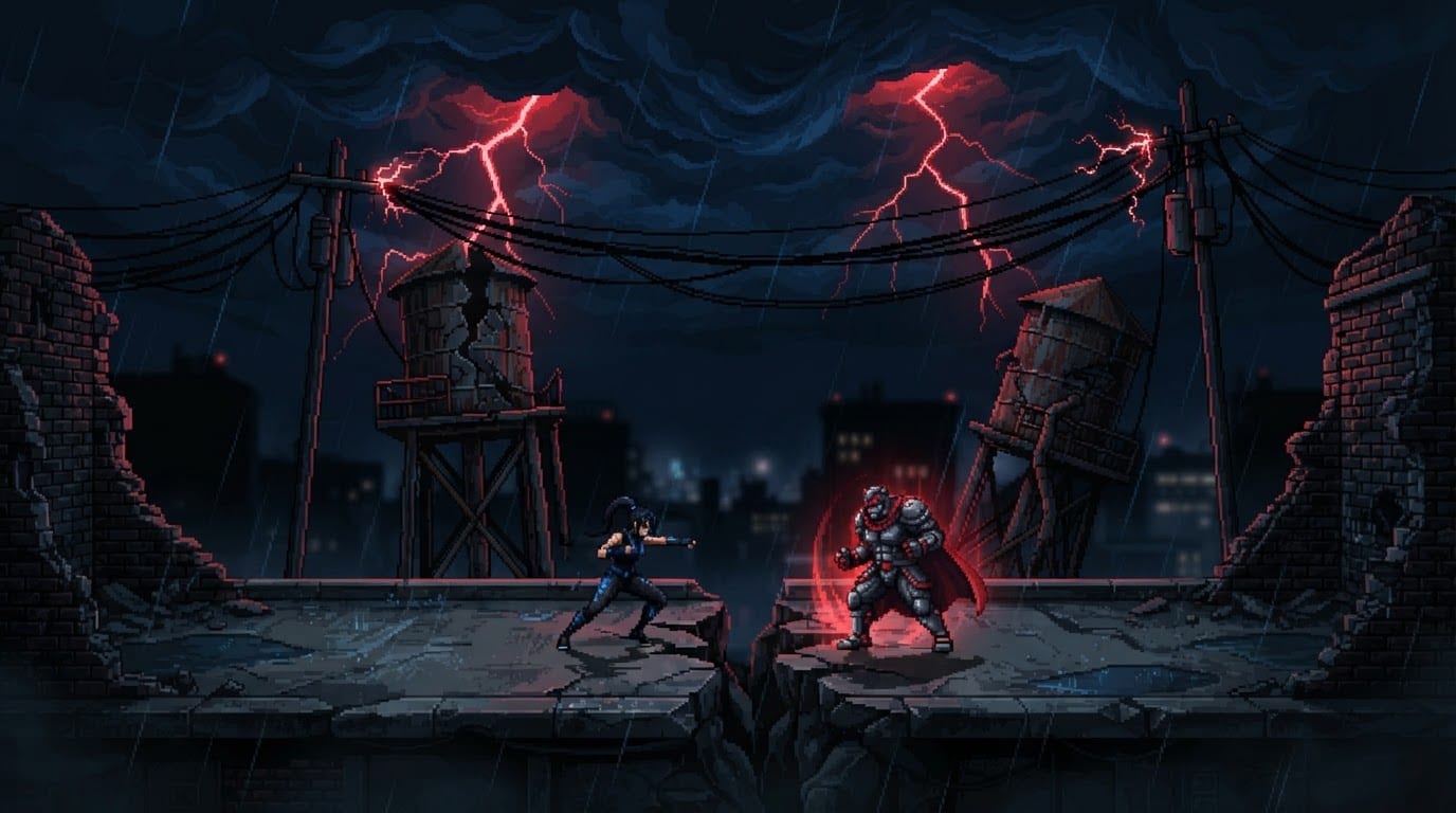 Collapsing rooftop boss arena