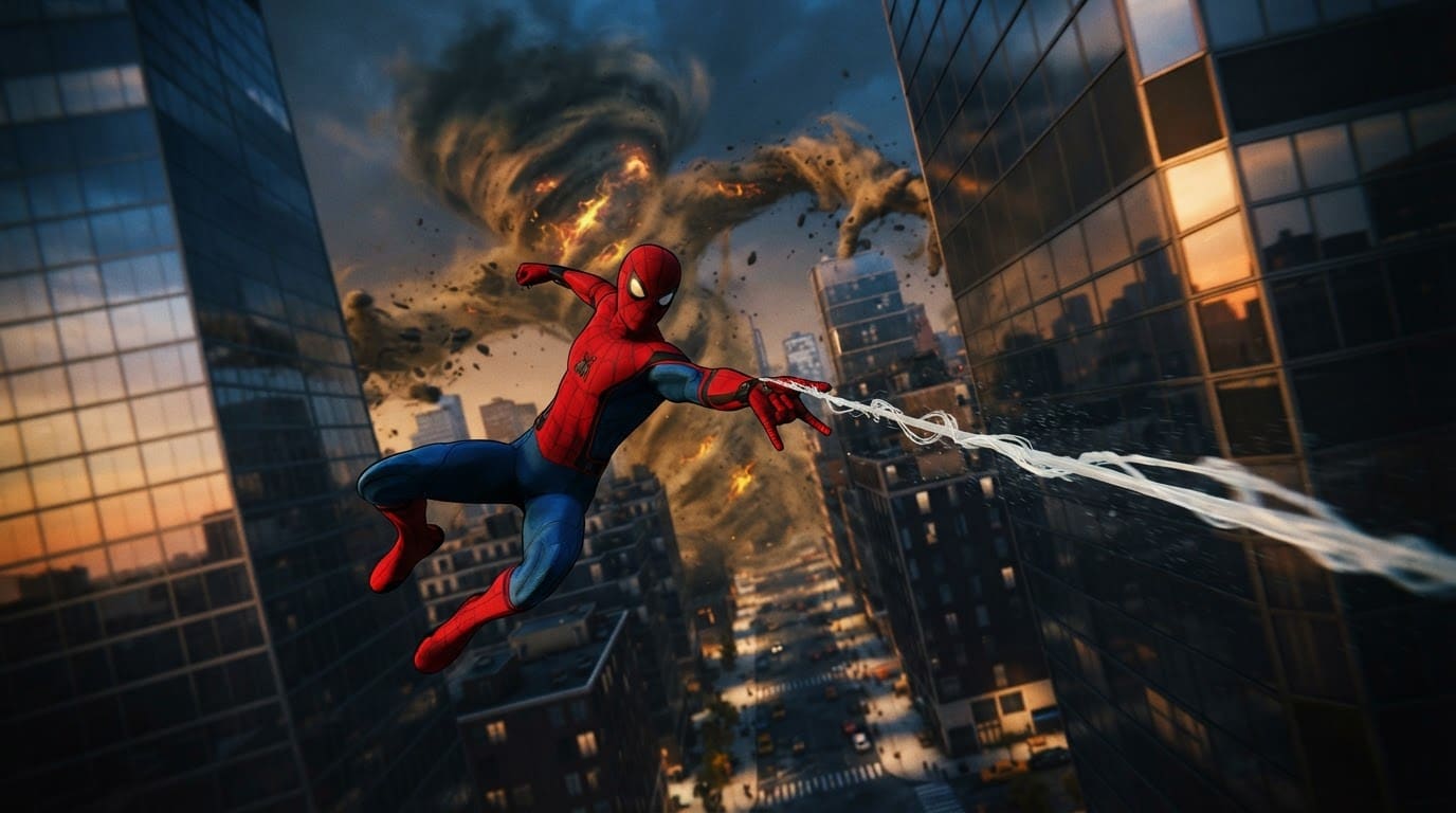 Swing and web enemies across rooftops