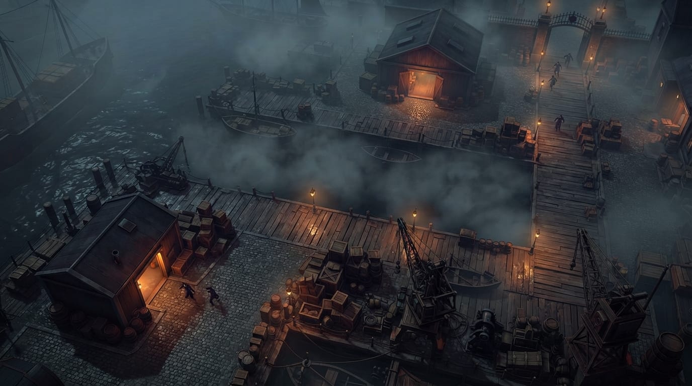 Foggy dockyard at night