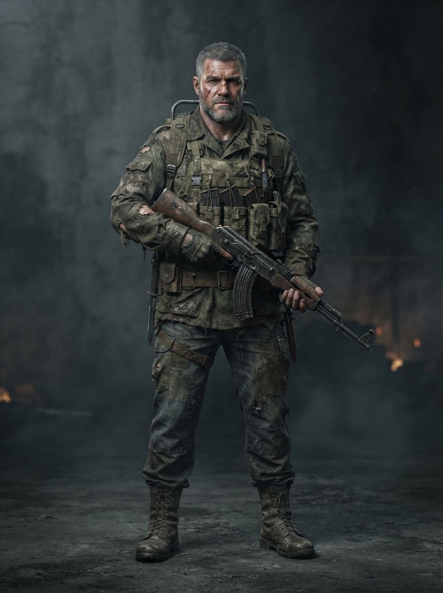 Scarred veteran soldier