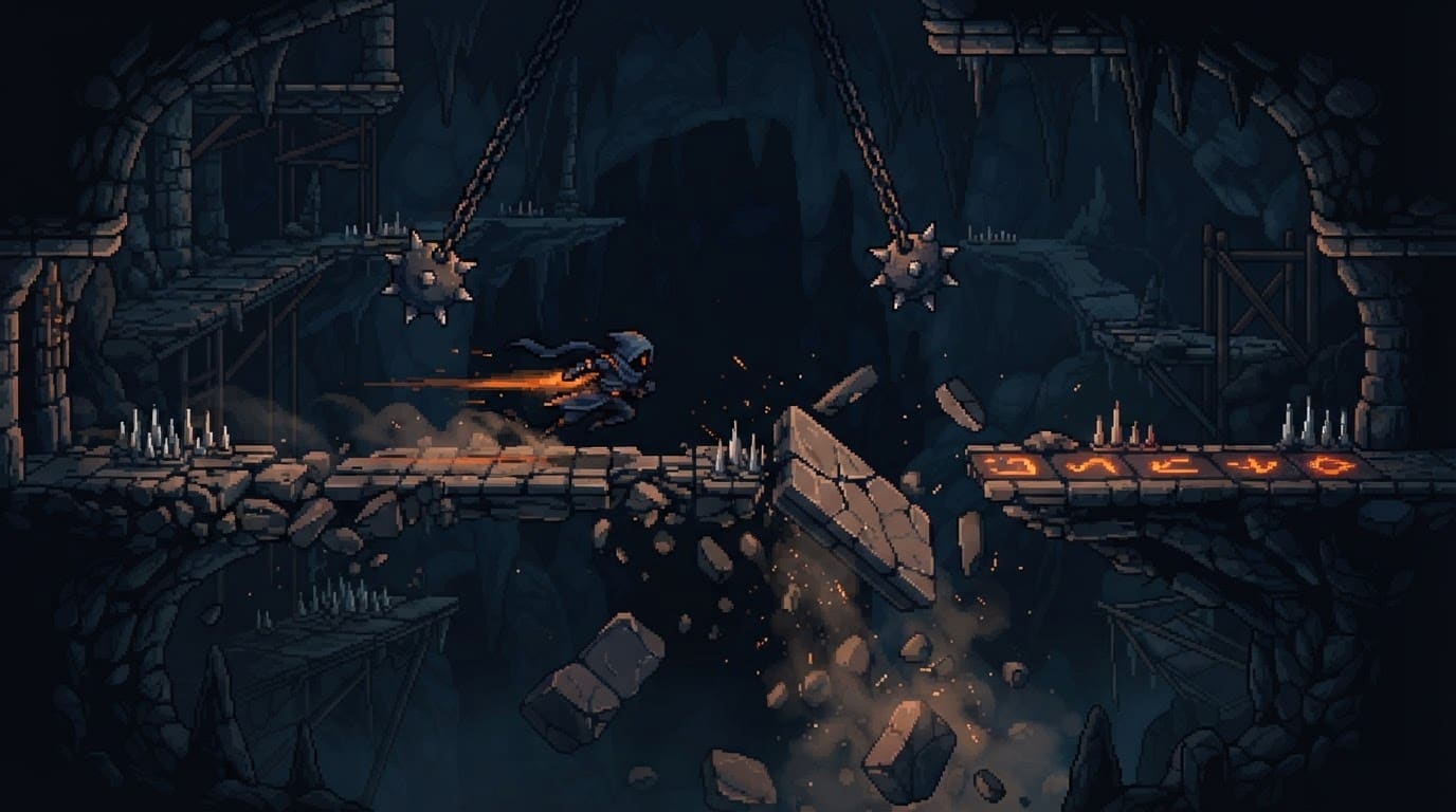 Dodge traps across crumbling bridges
