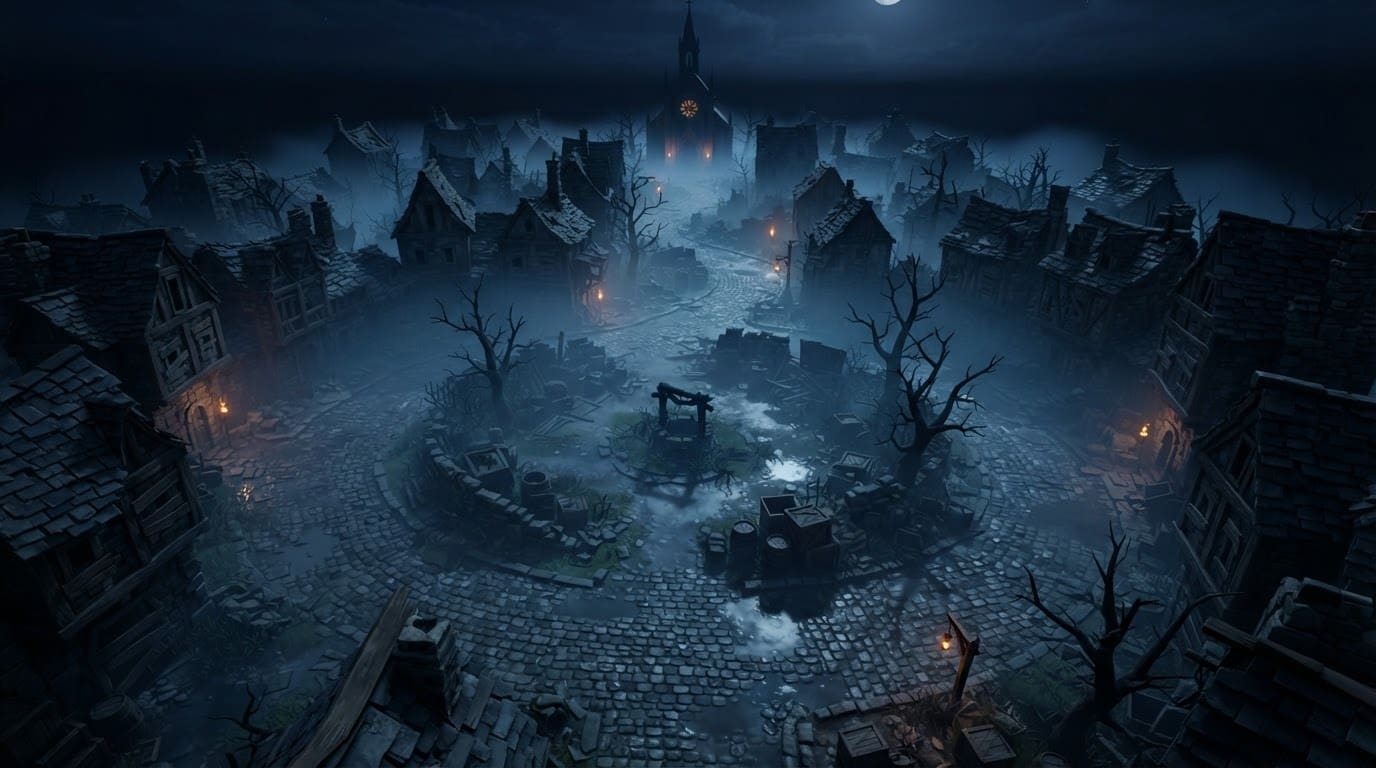 Vila sombria com neblina
