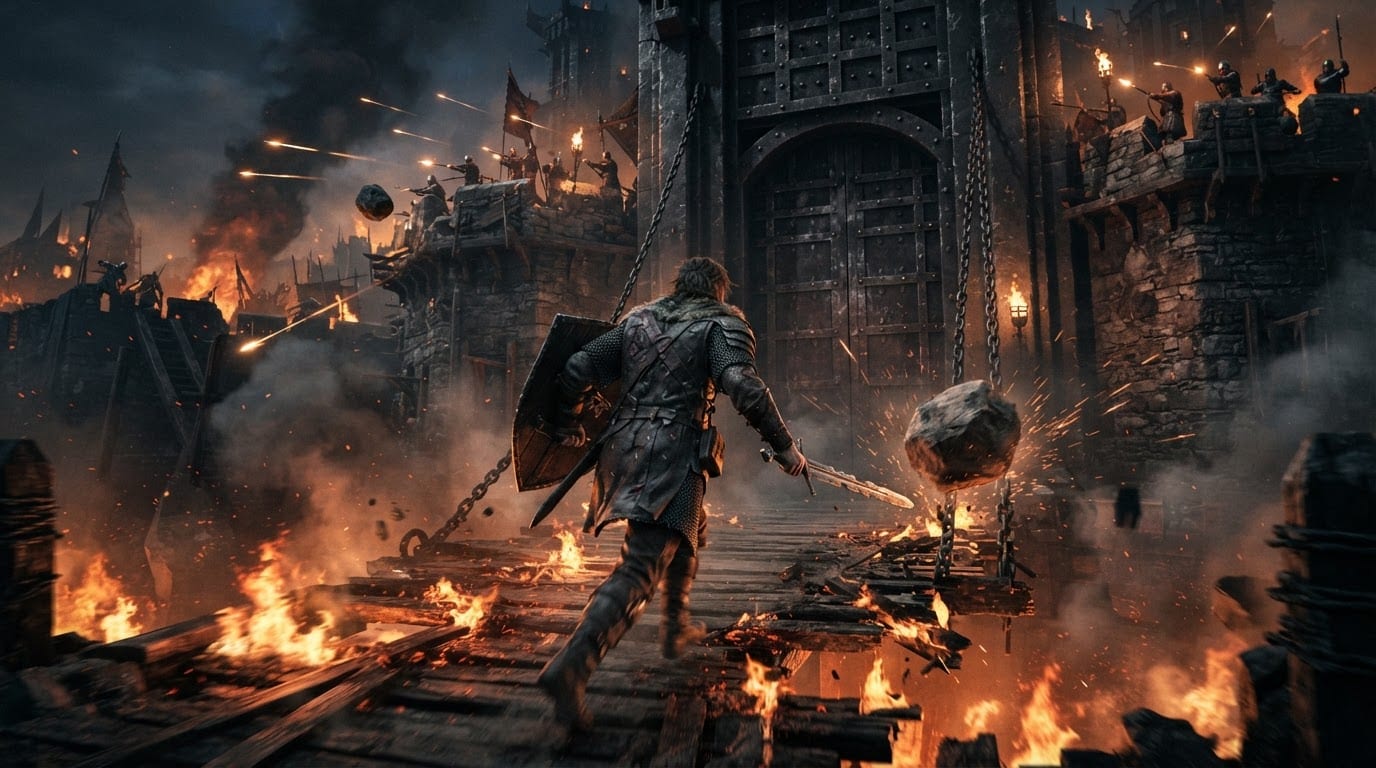 Storm a fortress gate under fire