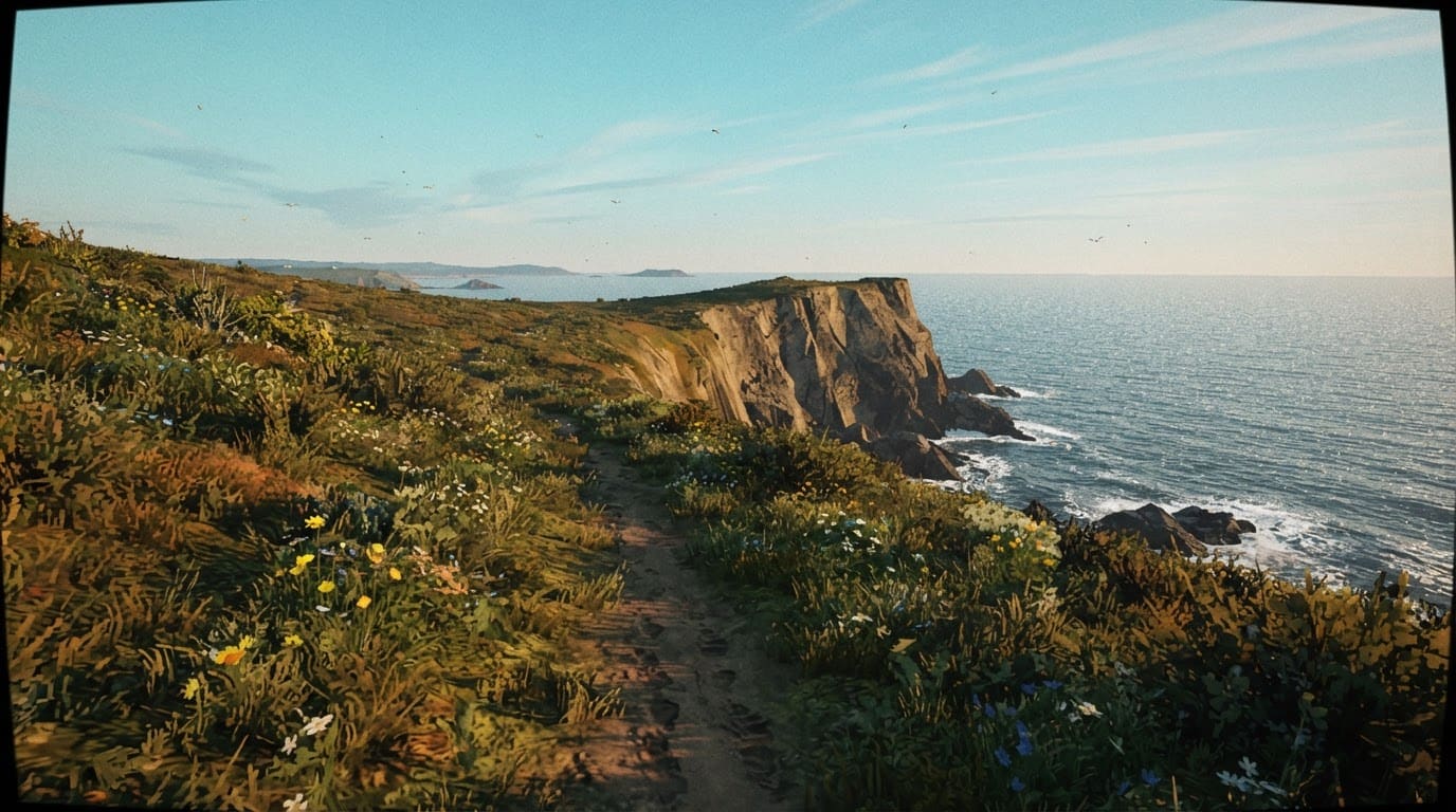 A sunlit coastal headland