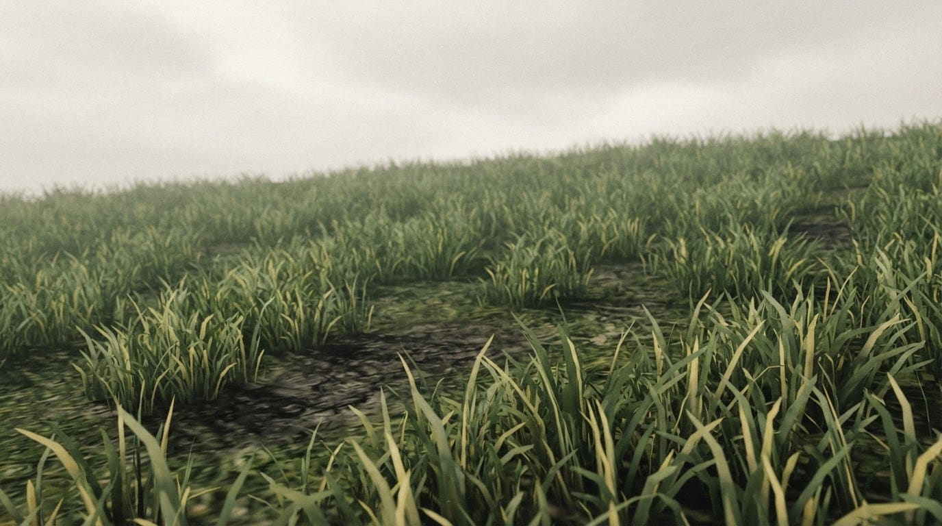 Grass blades push through soil