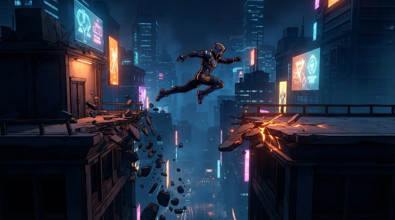 Leap across collapsing city rooftops