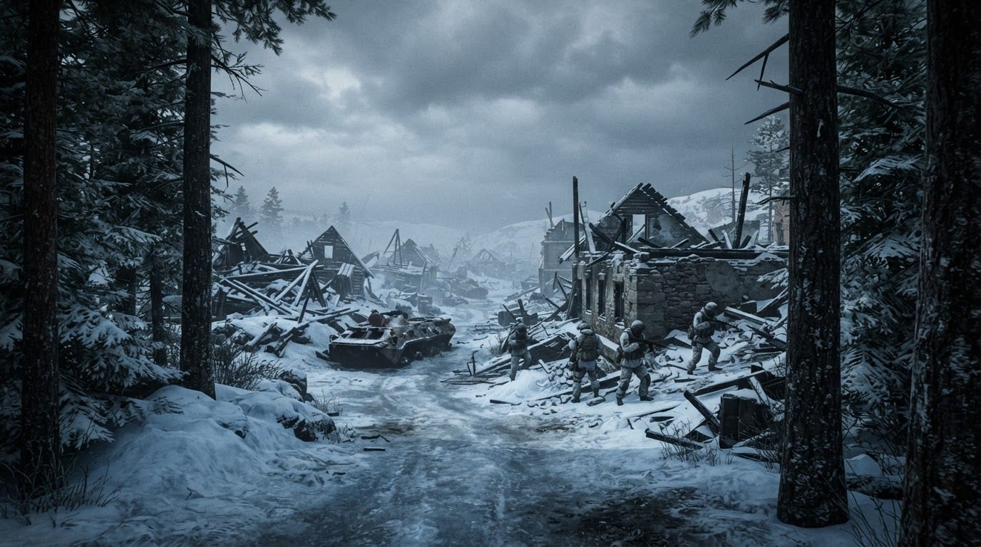 Bosque nevado con aldea destruida