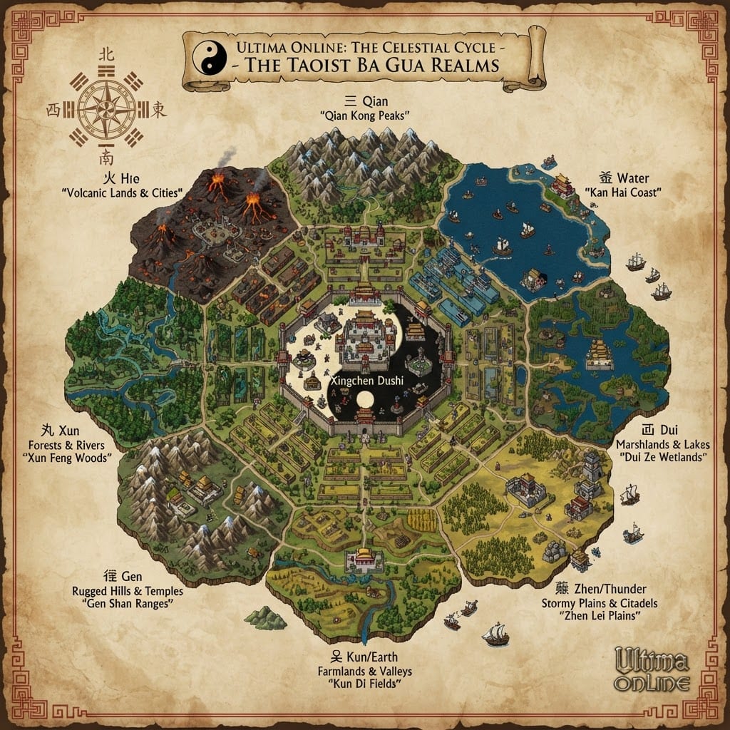 帮助生成一张具有中国古代元素的道家八卦阵的ultima Online游戏世界地图 Game Asset