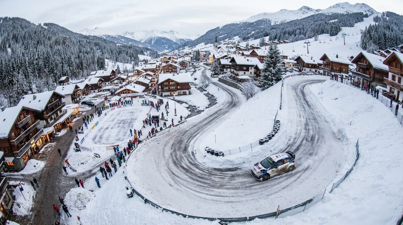 Snowy alpine resort village