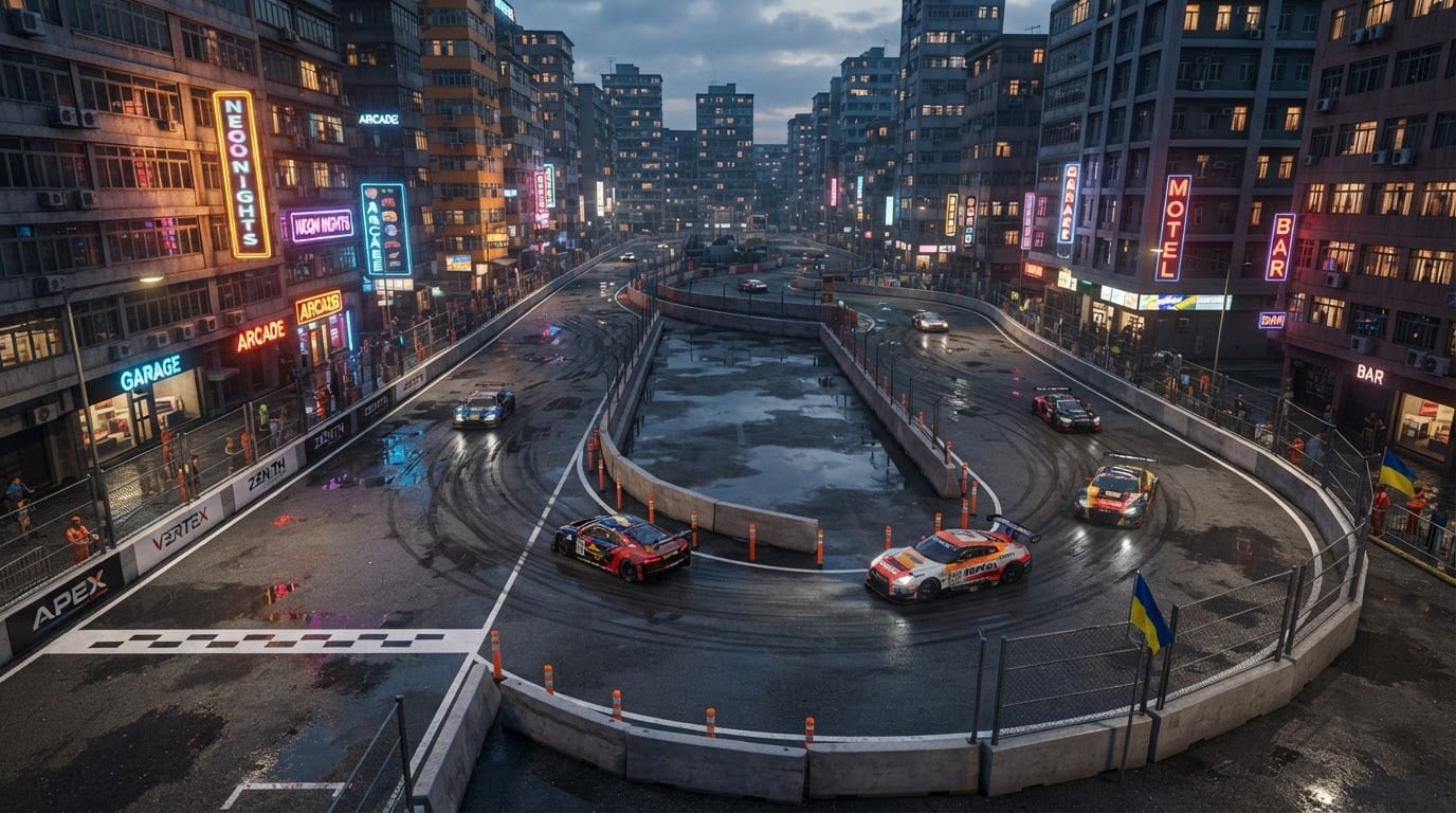 Drift through a city circuit