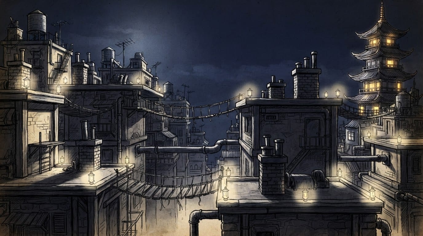 A moonlit rooftop city