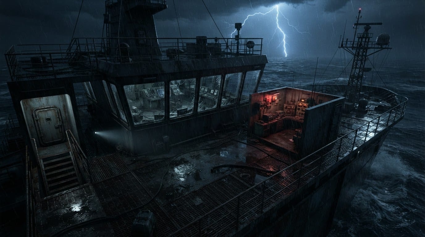 The storm-lashed bridge top deck