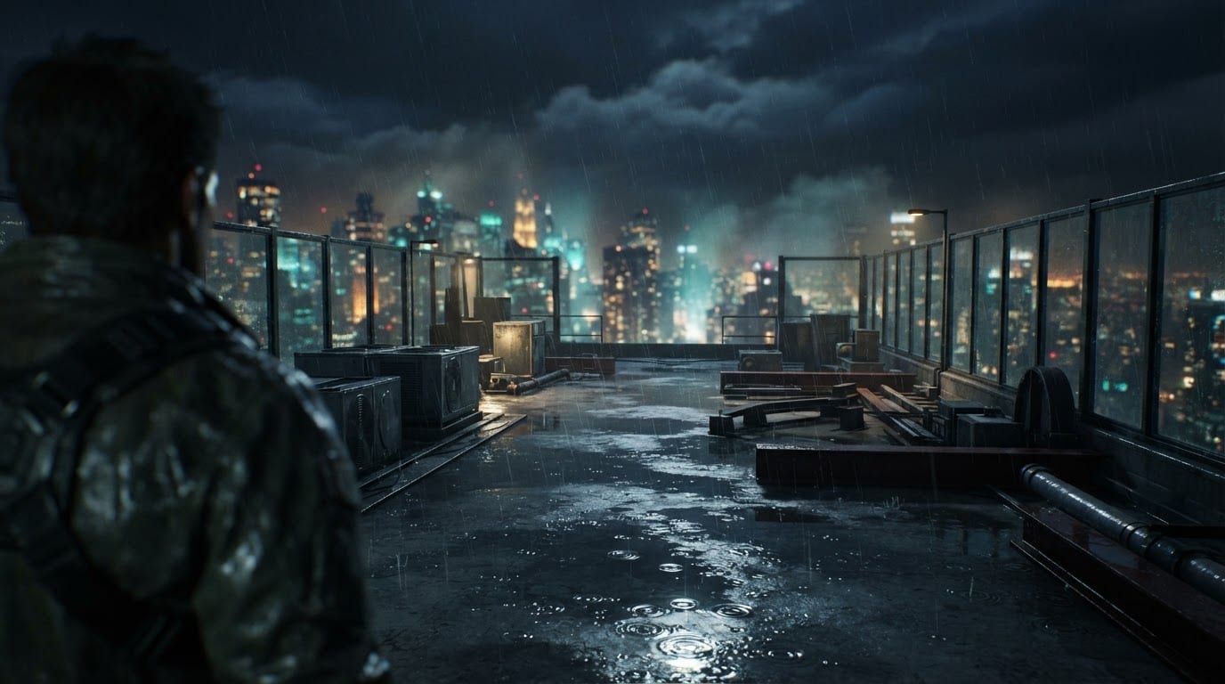 Rooftop arena above a rainy city