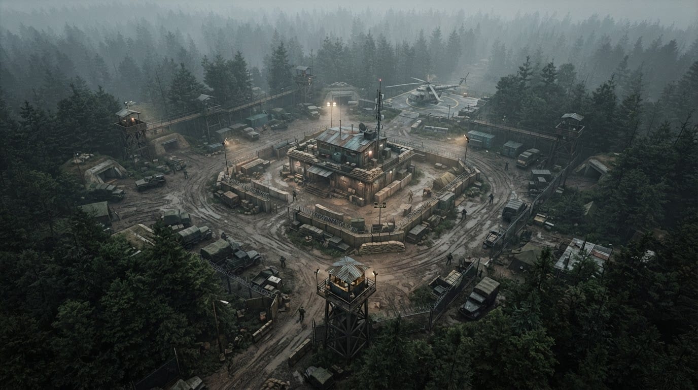 Foggy forest military outpost