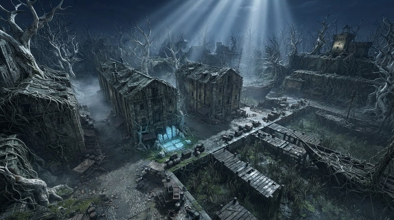 Sunken temple in a dead forest