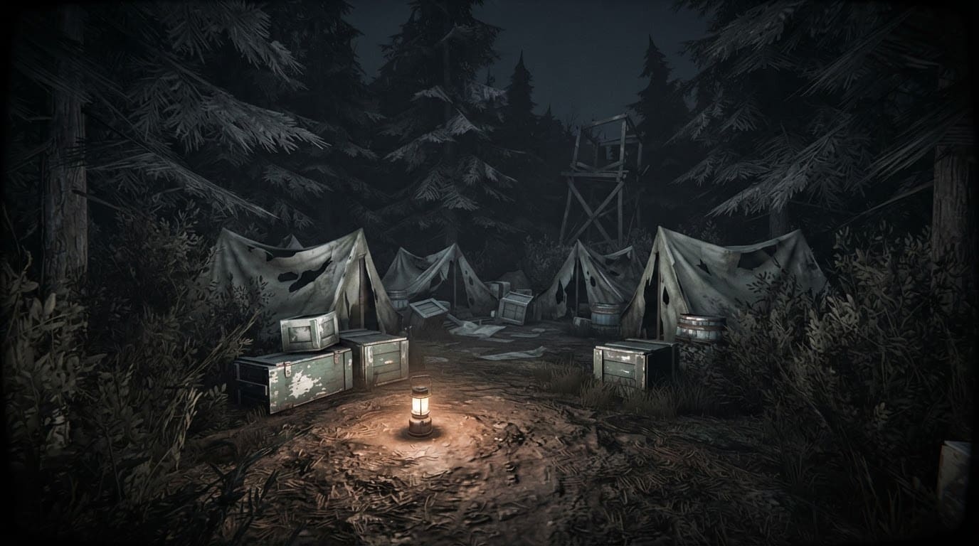 Dense overgrown forest camp