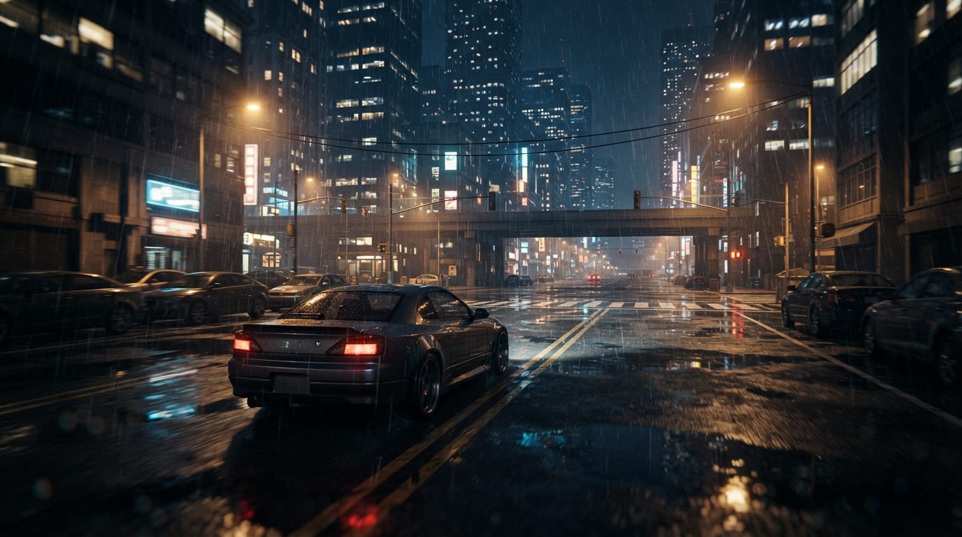 Rain-soaked downtown grid
