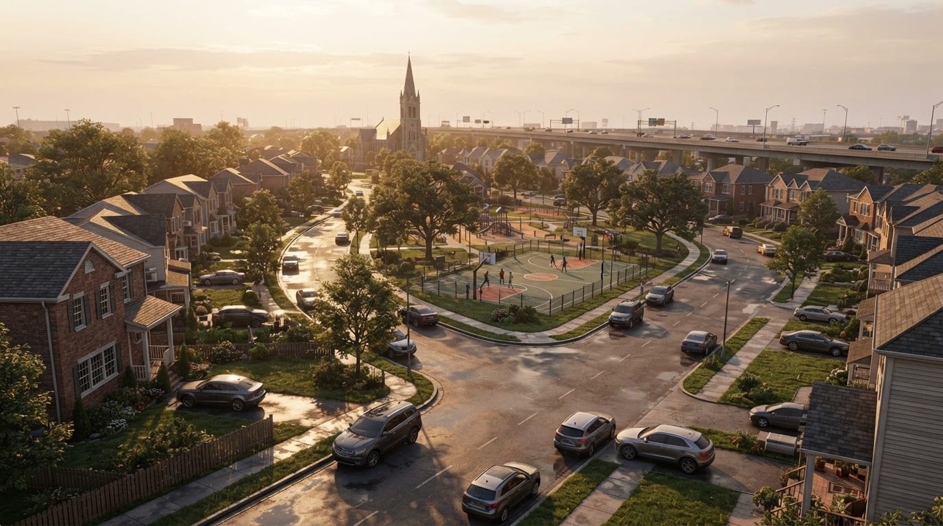 Sunlit suburban residential sprawl