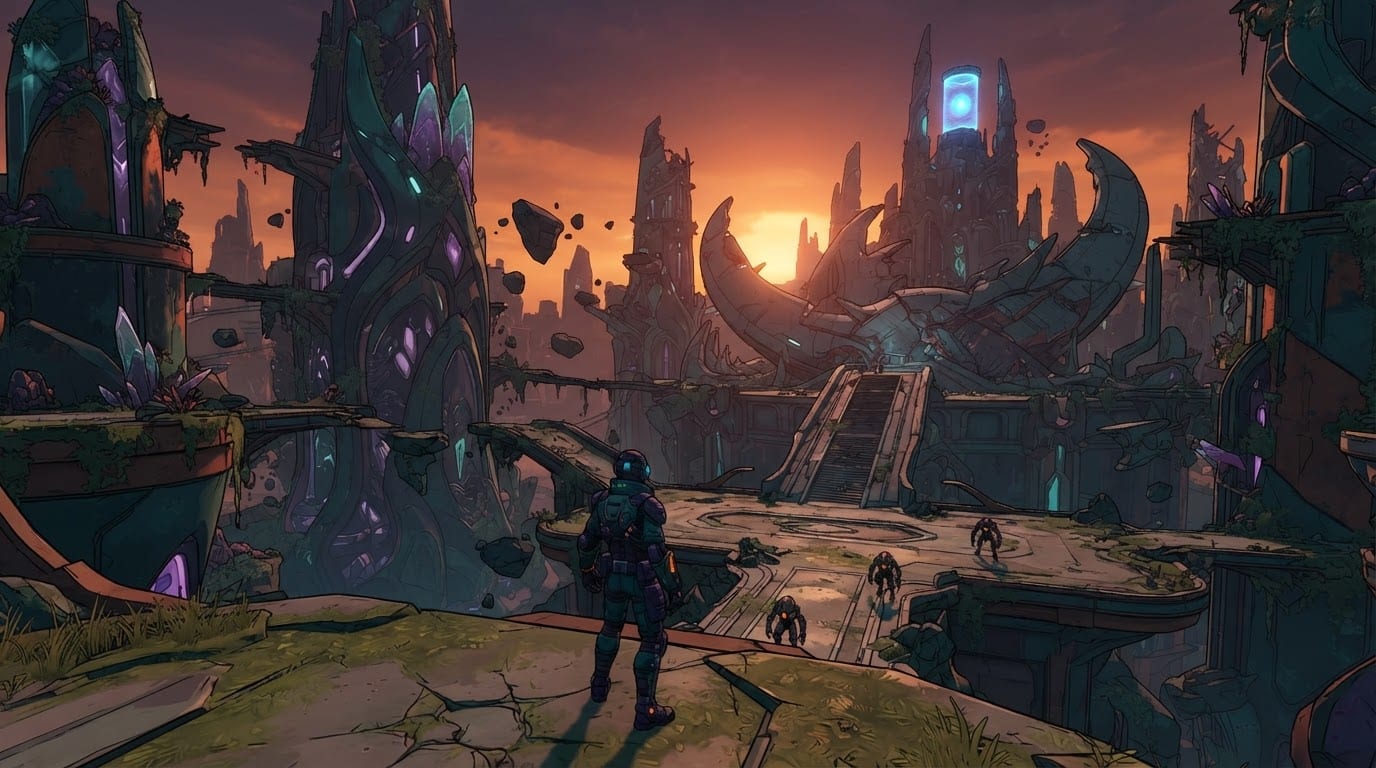 Ruined alien city skyline