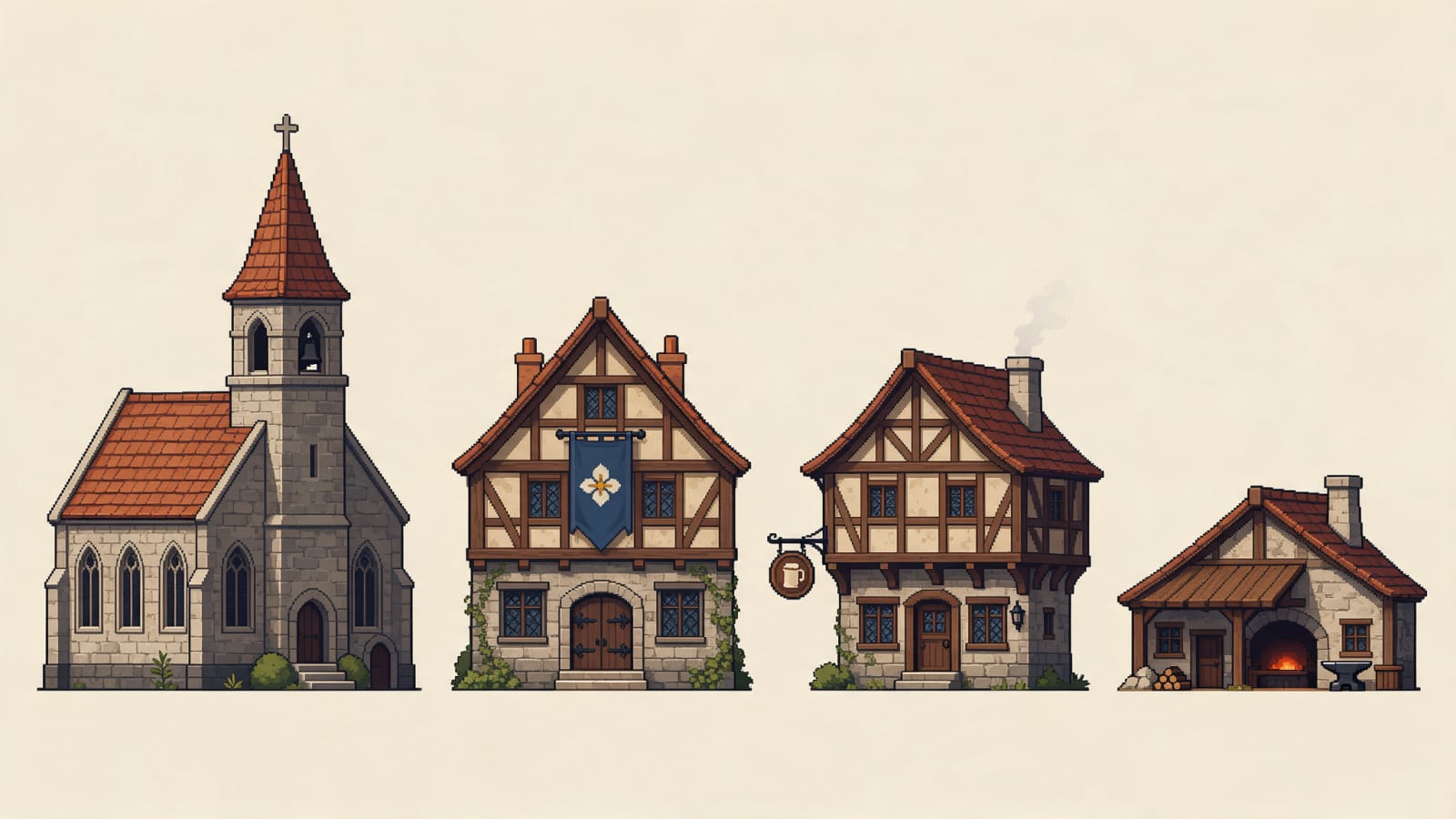 Image: 16-bit pixel art medieval building sprite sheet fo