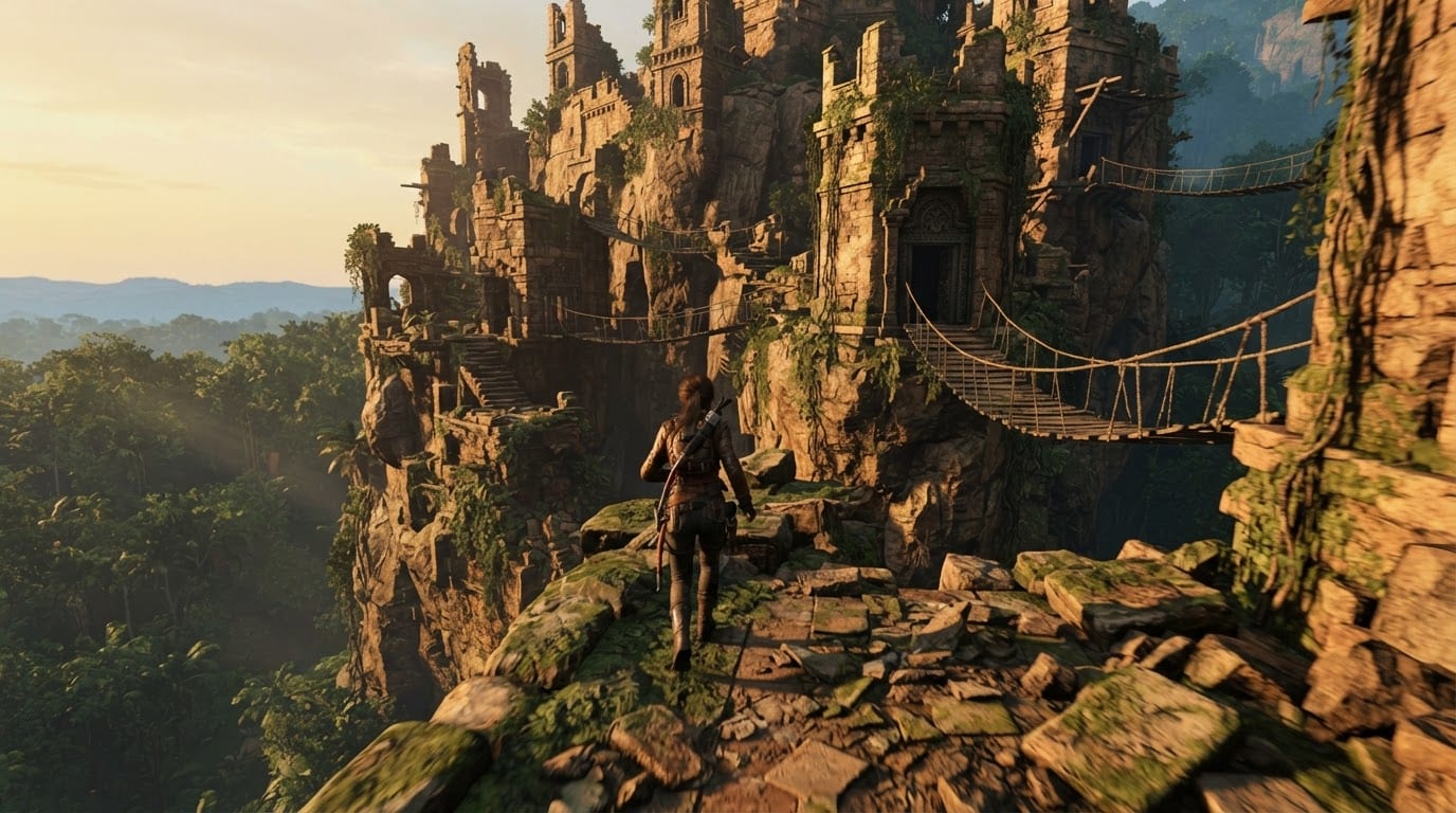 Cliffside ruins above the canopy