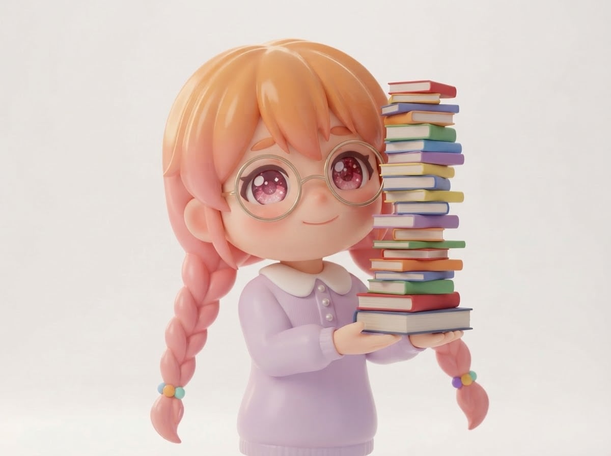 Shy bookworm with pink braids