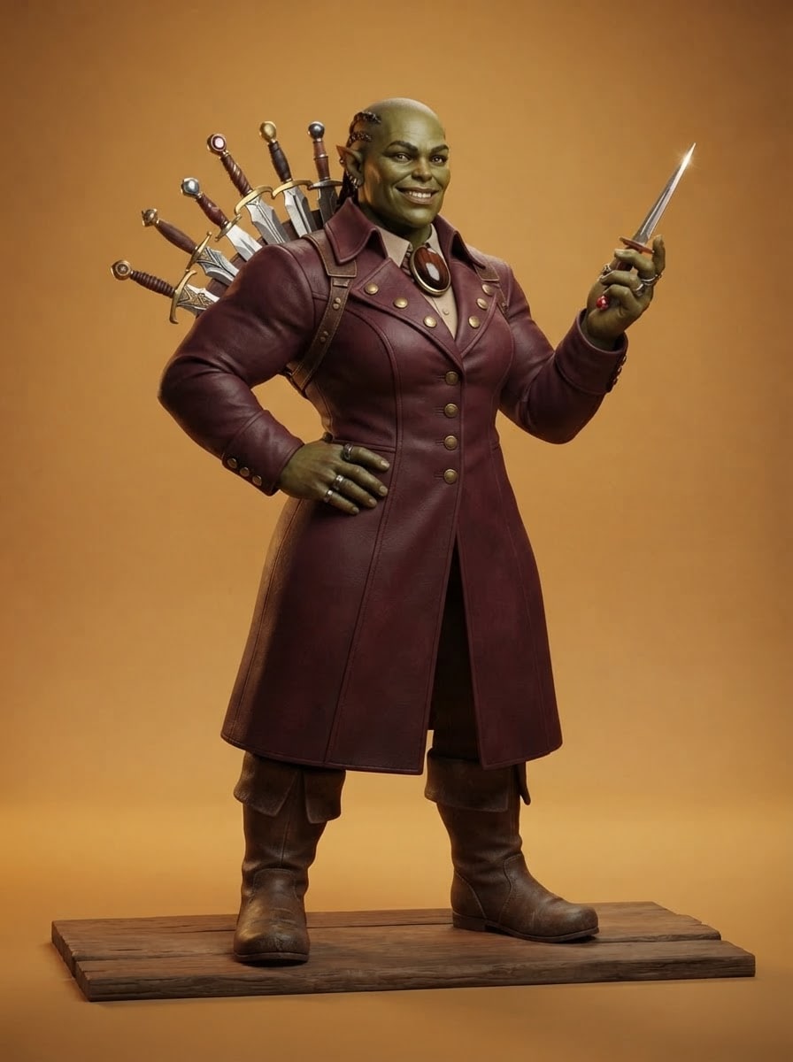 A broad orcish weaponsmith-turned-merchant