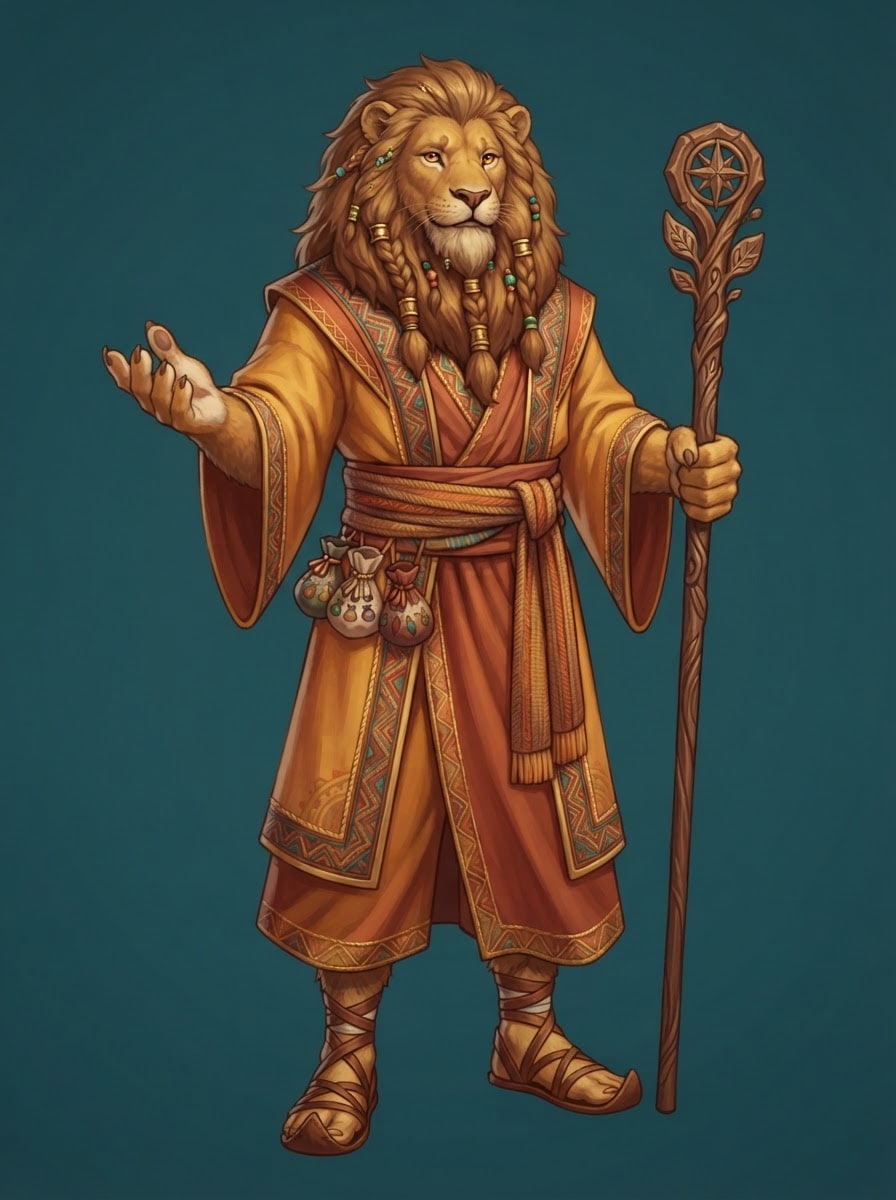 A statuesque leonin spice-road merchant