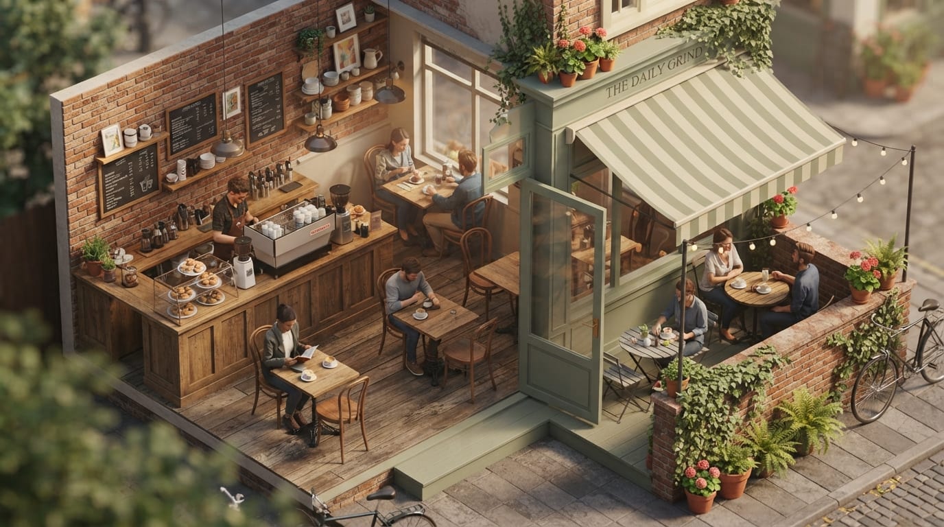 Cafetería de barrio con jardín trasero