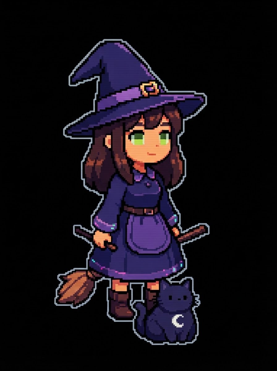 Pixel witch and black cat